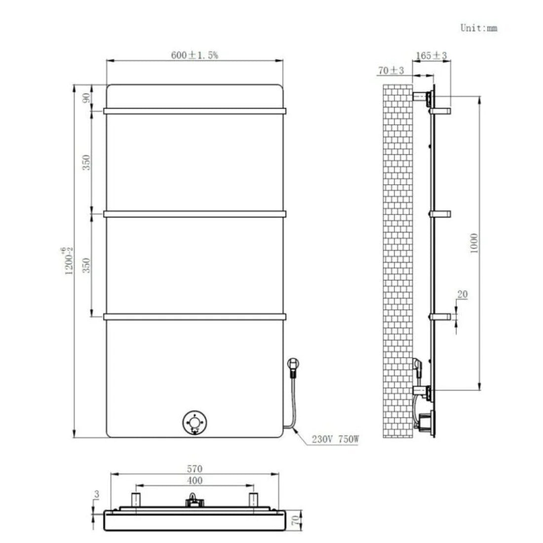 120x60 cm - E-panel elektrische radiator 750 Watt - Mat Wit (Ral 9016)