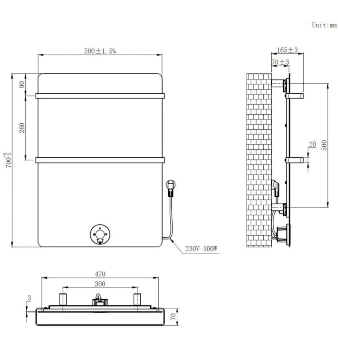 70x50 cm - E-panel elektrische radiator 300 Watt - Mat Antraciet / Beton-Grijs